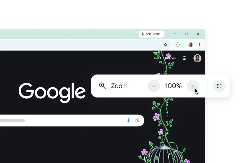 The Google homepage and a pop-up with Zoom set to 100%