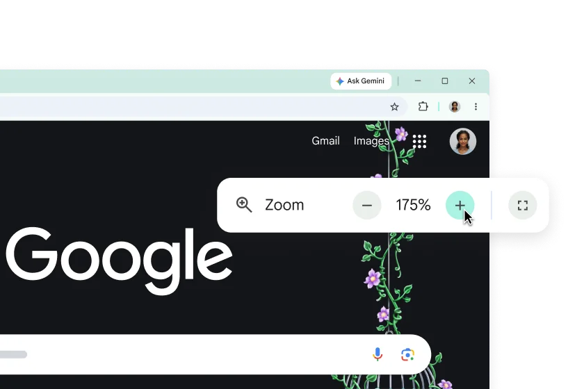 The Google homepage with enlarged elements and a pop-up with Zoom set to 175%